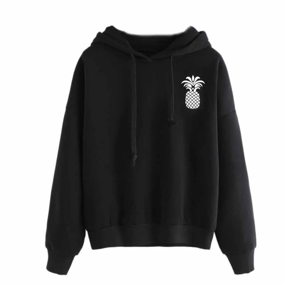 С принтом ананаса Для женщин с длинным рукавом Перемычка Hoody пуловер Блуза Топ Для женщин черный пуловер с капюшоном толстовка с шнурками# BL2