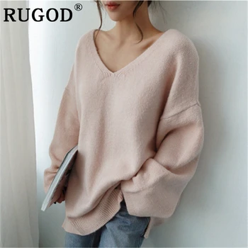 

RUGOD Auturm winter knitted sweaters women Fashion solid V neck long sleeve loose pullovers Harajuku style oversized knitwear