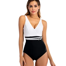 Женский слитный купальник с глубоким v-образным вырезом, черный, белый, пэчворк, отделка размера плюс, купальник с бретелькой через шею, пляжный купальный костюм