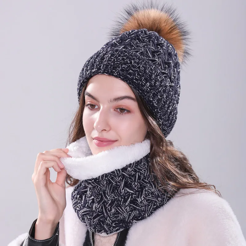 Женская шапка с шарфом Xthree, новая зимняя вязаная шапка, комплект из шапки и шарфа для девушки, шапка с помпоном из меха - Цвет: hat scarf navy 2