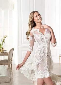 

Sexy Short Length V-Neck Three Quarter Applique Lace Zipper Transparent Back A-Line Vestidos De Novia 2016