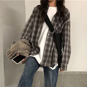 

HOT BF Style Chic Plaid Shirt Women Basic Shirts Spring 2020 Preppy Style Gray Gothic Girl Streetwear Summer Tops Casual Blouse