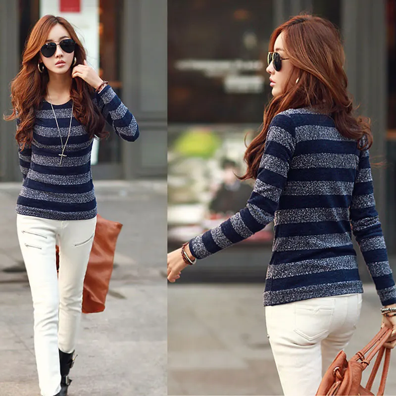 Женские футболки с О образным вырезом облегающие повседневные в полоску длинным