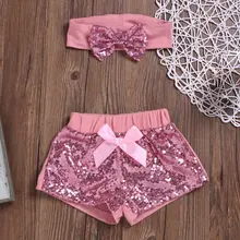 Летние модные дизайнерские шорты с блестками для маленьких девочек; повязка на голову для ребенка; комплект повседневной одежды; короткие брюки для маленьких девочек