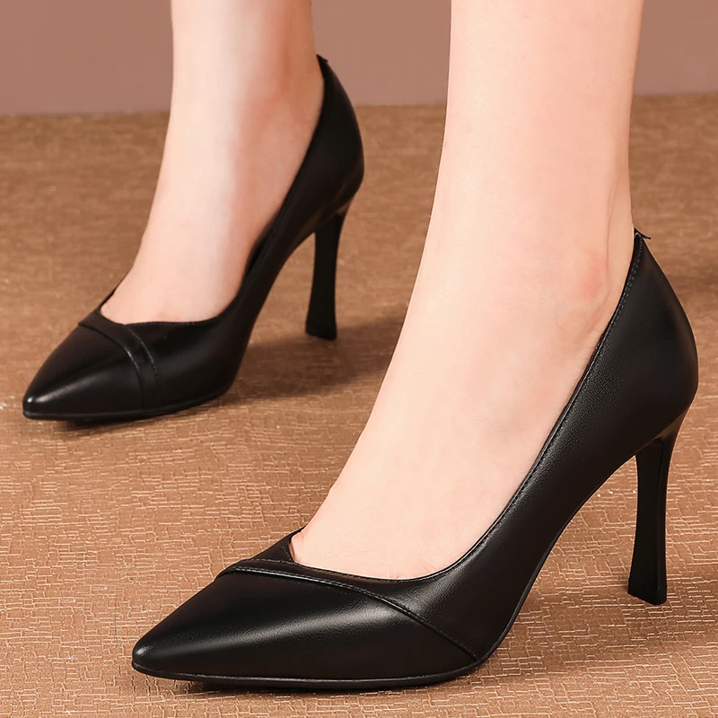 

Genuine Leather High Heels black beige Color Women Pumps Fashion Pointed Toe Dress Lazy Ladies High Heel Shoes Black Beige
