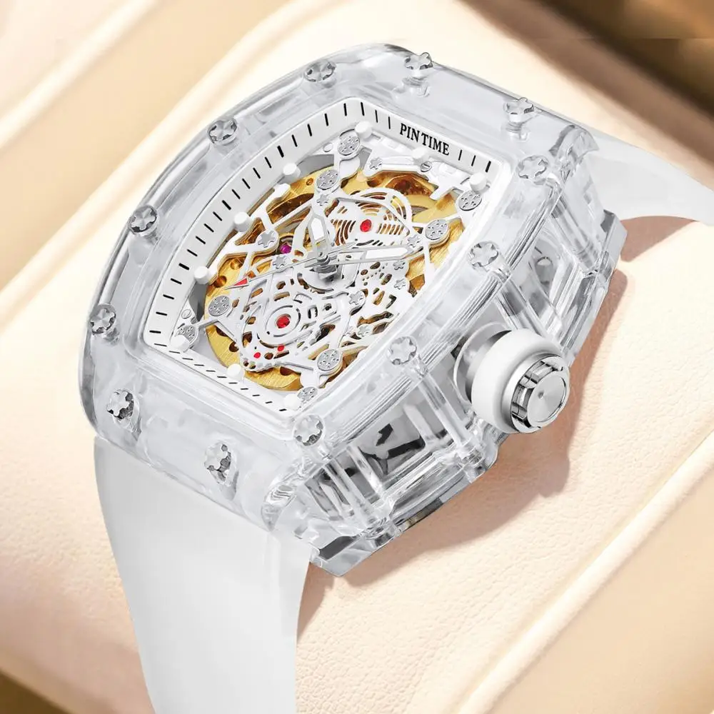 PINTIME Transparent Waterproof Hollow White Automatic Mechanical Watch Men's Watch Hip Hop Male Tonneau Clock Hombre Relogio