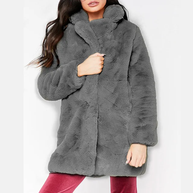 Зимнее пальто из искусственного меха, женское плотное теплое свободное плюшевое меховое пальто, женское однотонное пушистое пальто с длинным рукавом, куртки размера плюс 4XL - Цвет: dark gray