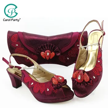 

2019 New Italian Elegant Wine Color Shoes And Bag To Match Set African mid Heels Party Shoes And Bag Set For Wedding Dress