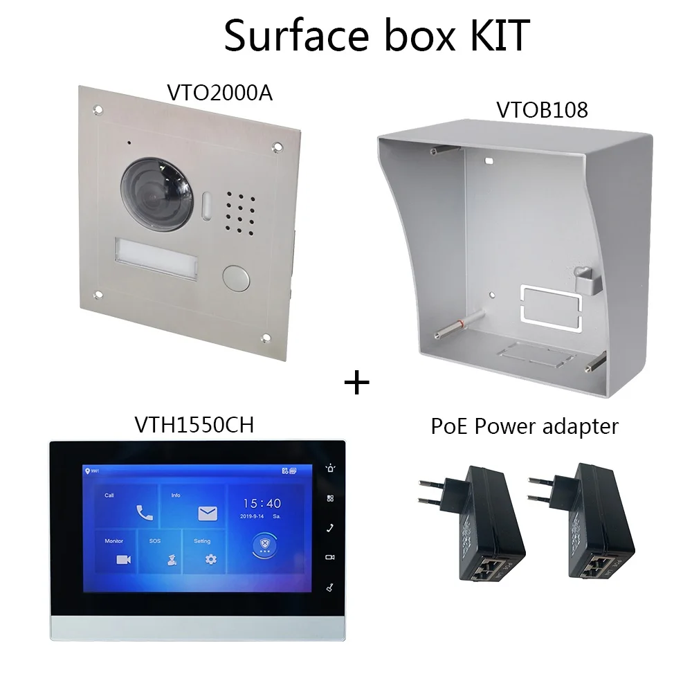 Surface KIT black DH логотип многоязычный видеодомофон комплект включает VTO2000A поверхностный ящик или флеш-бокс, VTH1550CH, адаптер питания PoE - Цвет: Surface KIT black