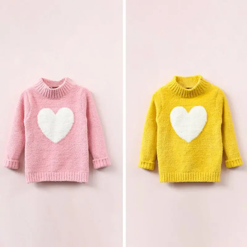 

Children Girl Sweater Autumn Winter Solid Color Heart Pattern High Collar Knitted Clothes