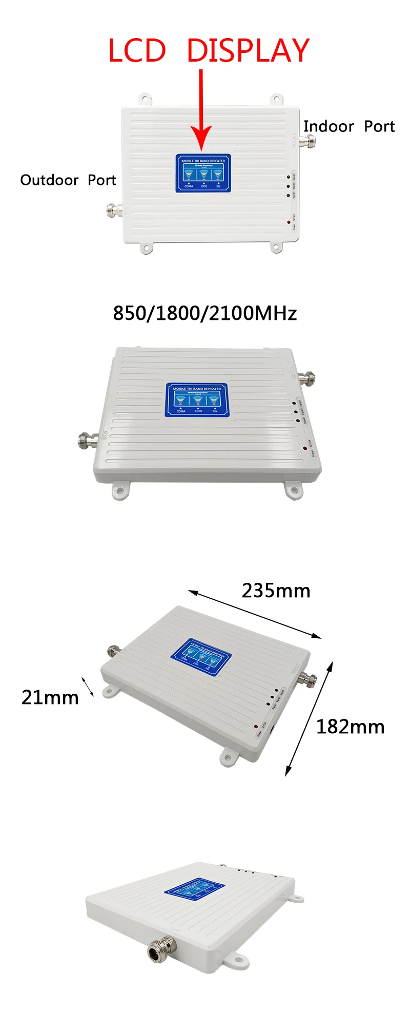 Gain70dB 850/1800/2100 МГц CDMA GSM WCDMA UMTS LTE Сотовая связь повторитель усилитель сигнала 2g/3g/4g трехполосный сигнальный усилитель 5dbi Гибкая штыревая антенна