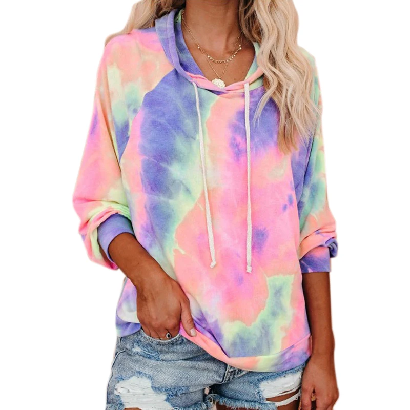 

2020 New Fashion Colorful Thin Tie Dye Hoodie Women Casual Ladies Pullover Hooded Long Sleeve Sweatshirt