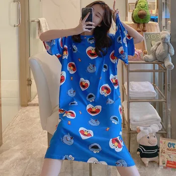 

Summer Plus Size Women Sleepwear Nightgown Polyester Short Sleeve Round Neck Cartoon Femme Nightgowns Ropa Para Dormir De Mujer