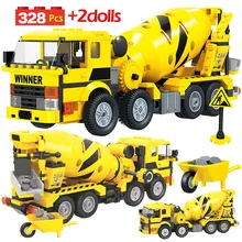 700 шт., желтые строительные блоки для городских инженерных грузовиков, Миксер для автомобилей, комбинированный дорожный каток, кирпичи, погрузчик, игрушки для детей