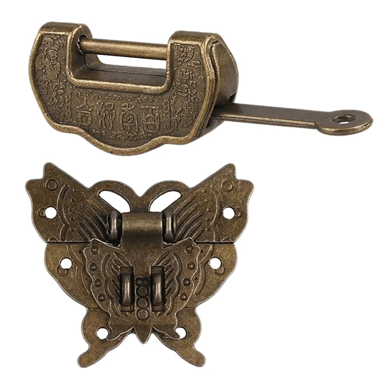 

3 Set Old Style Chinese Carved Vintage Love Lock with Key & Butterfly Latch Hasp & Screws for Cabinet Jewelry Box Gift Box