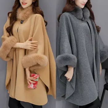 

Women's Fur Collar Cardigan Tops Woollen Overcoat Cape Shawl Cloak Coat Outwear