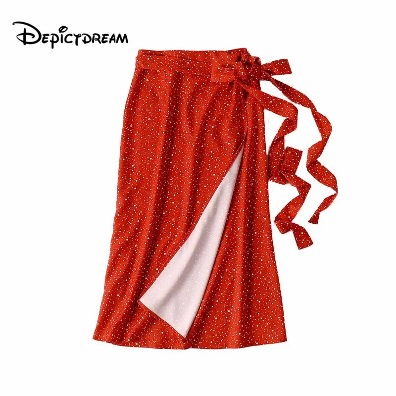 

2019 women elegant print wrap skirt cross bow tie sashes mid calf female casual stylish midi skirts mujer