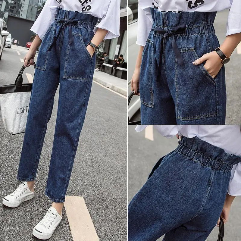 

High Waisted Jeans Elastic Waist 2020 Autumn Korean-Style Lace-up Bracts Student Loose Straight Black Capri Pants Women Jeans