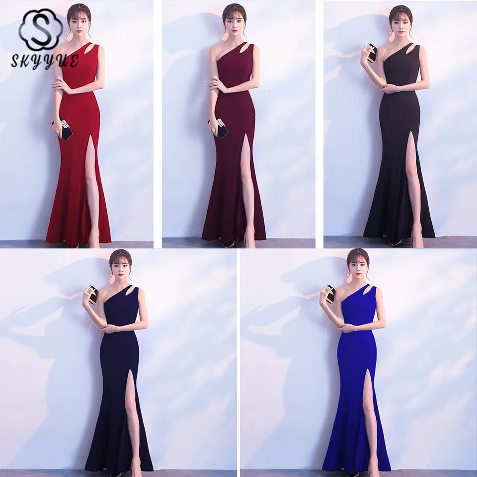 

Skyyue 2019 One Shoulder Split Formal Gowns Women Party Dresses Soild Sleeveless Elegant Evening Dress Robe De Soiree C257-DS1