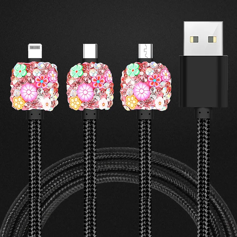Pink Data Line Wire Новое универсальное быстрое зарядное устройство со стразами двойной зарядное устройство usb светодиодный дисплей Зажигалка на электропитании для iPhone Xiaomi samsung - Название цвета: Pink Data Line Wire