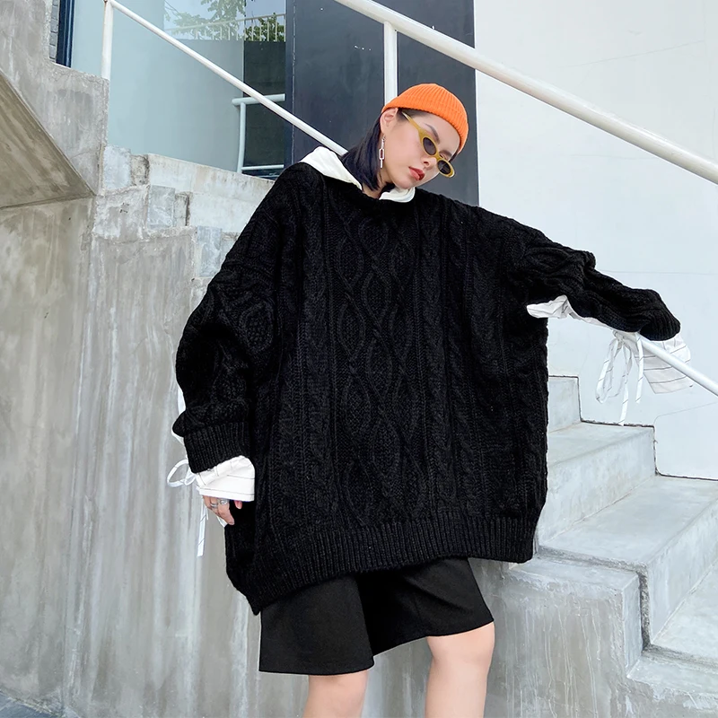 [EAM] Black Pleated Big Size Knitting Sweater