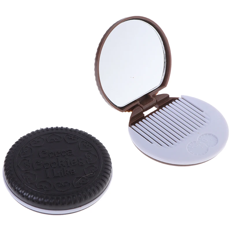 1pc Cute Cookie Design Makeup Mirror With Comb Pocket Portable Chocolate Cookie Shaped Foldable Makeup Mirror 2 Colors