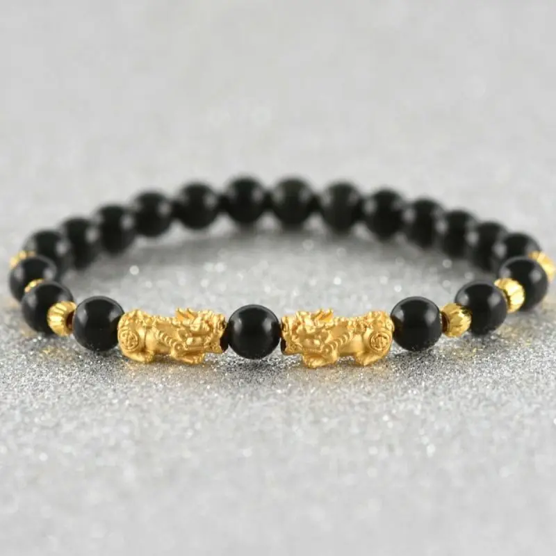 Pure 999 24k желтое золото унисекс 3D Pixiu & Face Bead черные агатовые бусины браслет 6 3