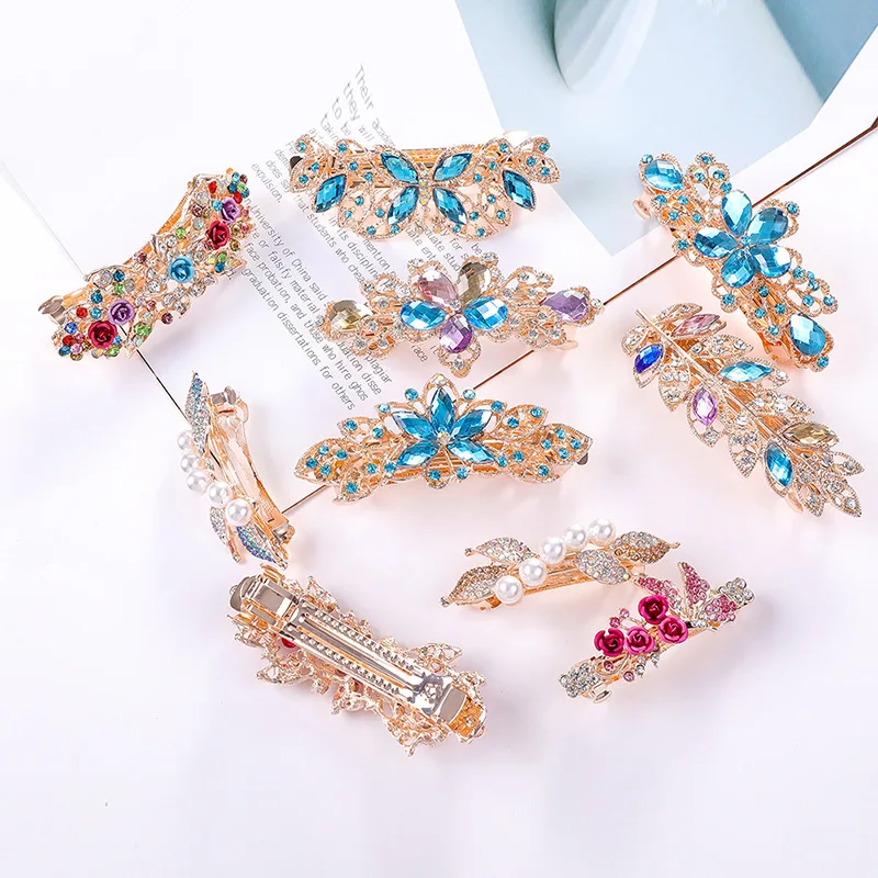pink hair clips ALTOBEFUN Crystal Floral Hairpin Girl Ladies Hairwear Jewelry For Women Rhinestone Alloy Hair Clip Party Barrettes Leaf AE024 hair clips