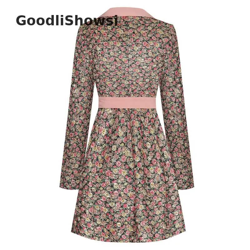 GoodliShowsi Новое поступление пасторальное женское платье с цветочным рисунком контрастный цвет зубчатые лацканы с длинным рукавом шикарные асимметричные платья с поясом