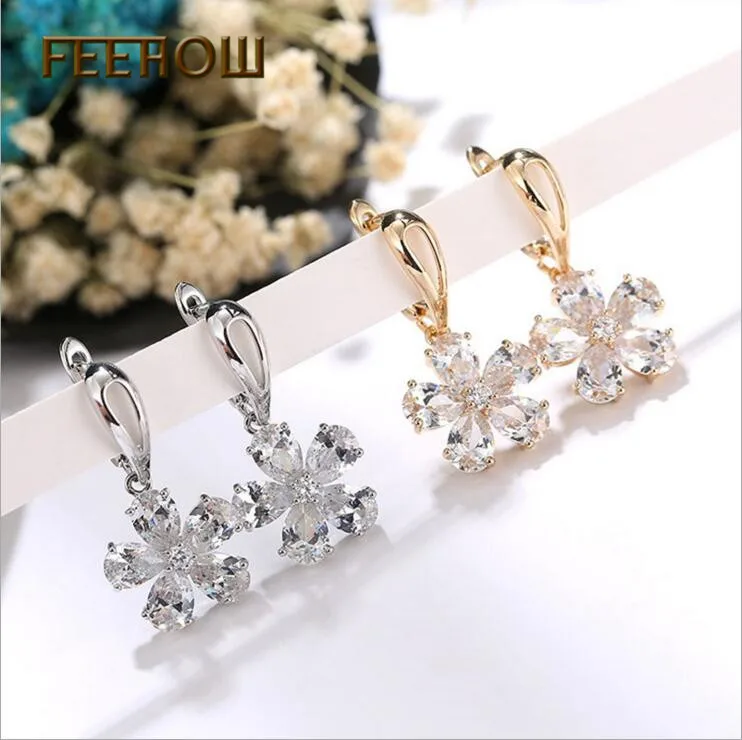 FEEHOW Exquisite High Quality Zirconia Crystal Flowers Bridal Hoop Earrings for Women Wedding Dinner Party Jewelry FWEL3293 | Украшения и