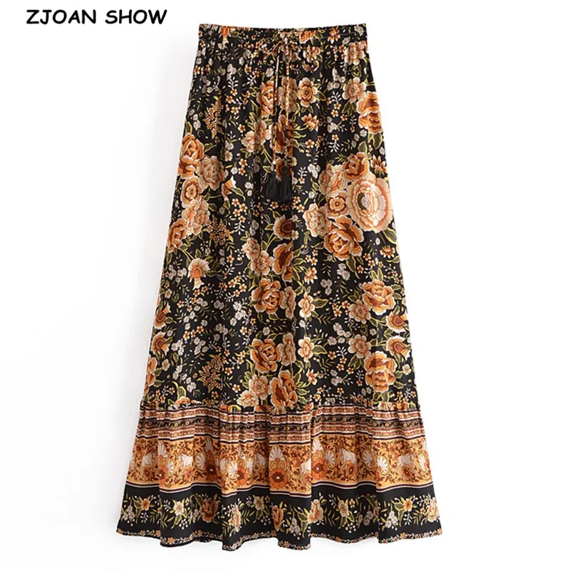 2021 Bohemia Black Orange Floral Print Long Skirt Spliced Ruched Ruffle Hem Hippie Women Tassel Bow Waist Swing Skirts Holiday | Женская