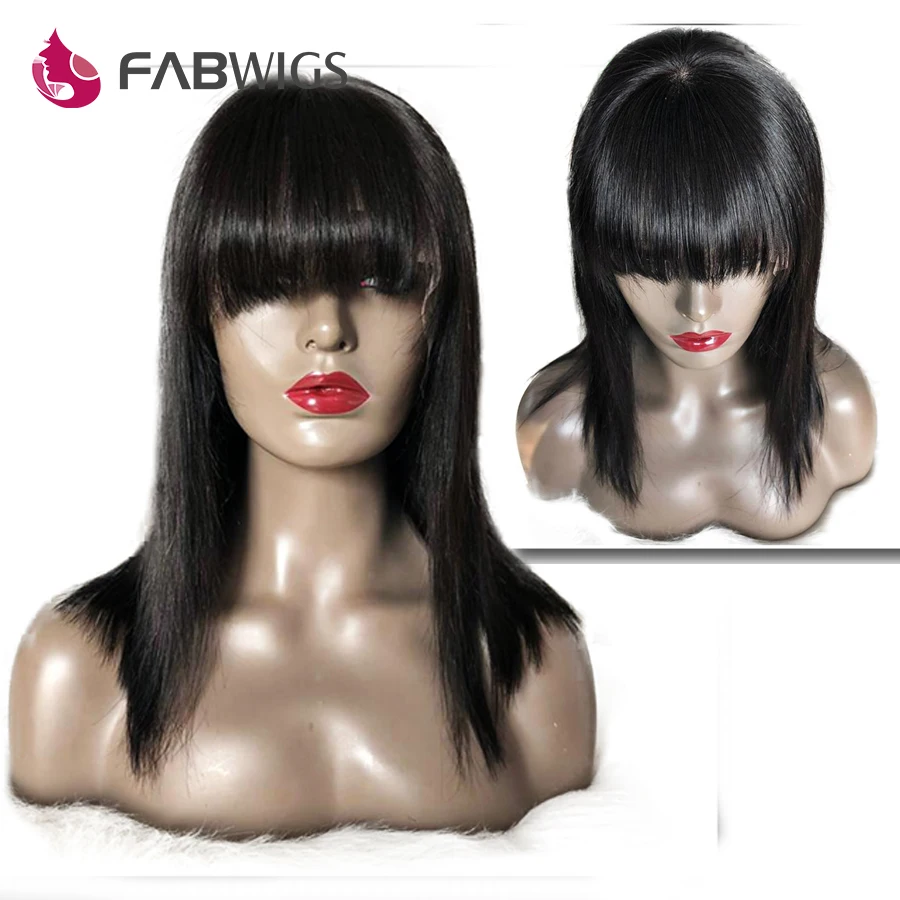 Najtaniej Fabwigs Bang przejrzyste koronki peruka BOB 13x6 koronki przodu peruki z grzywką peruka z naturalnych krótkich włosów wstępnie oskubane skóry stopić koronkowa peruka na przód