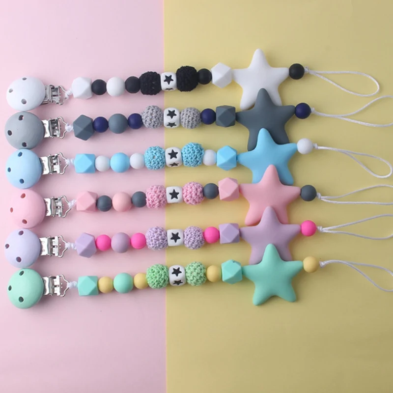 

1 Pc Five Star Baby Teether Teething Chain Silicone Pacifier Chains Personality Handmade Pacifier Clips Holder Chain