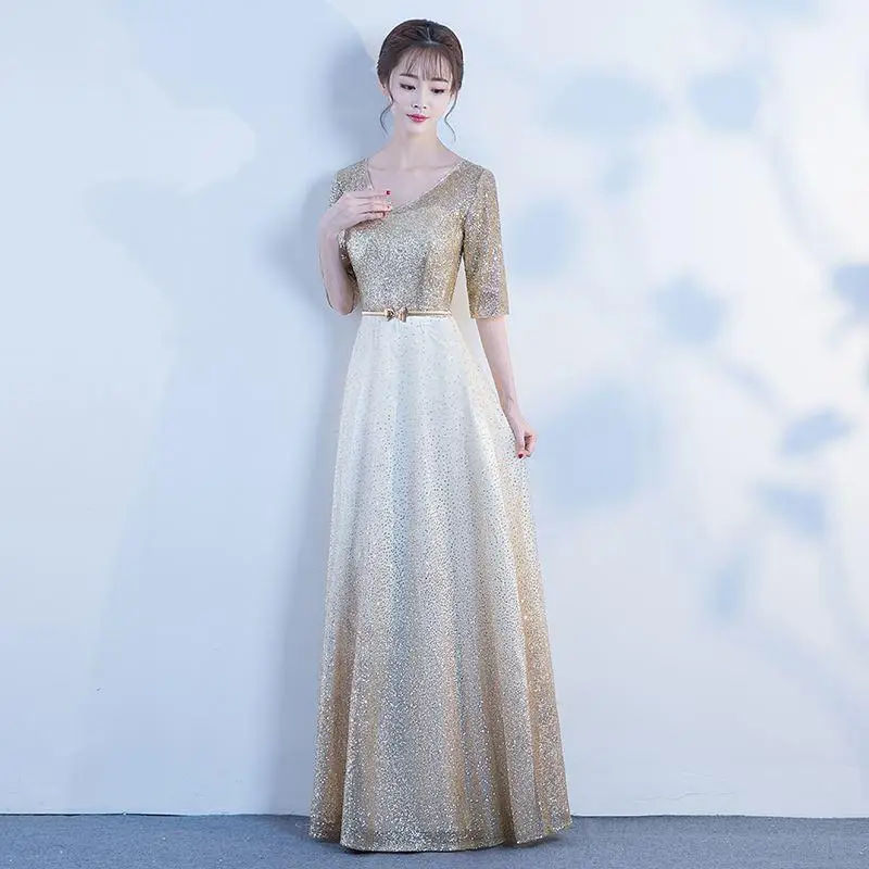 Женские Роскошные Блестки с поясом v-образным вырезом Сексуальные Cheongsam Chinsese Qipao Цвет Новинка вечерние платья макси плюс размер 3XL 4XL - Цвет: Gold