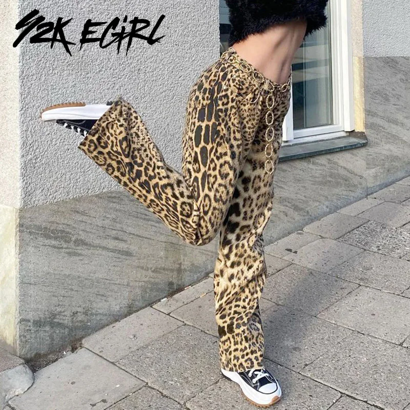 

Y2K EGIRL Aesthetics Leopard Printing Festival Flare Pants Vintage Streetwear Mid-Waist Long Trousers Rave Outfits Chic Bottoms