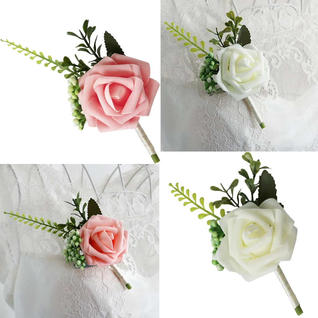 Wedding Boutonniere Artificial PE Rose Flowers Corsages for Bride Groom Groomsmen  Bouquet Brooch Wedding Home Decors 