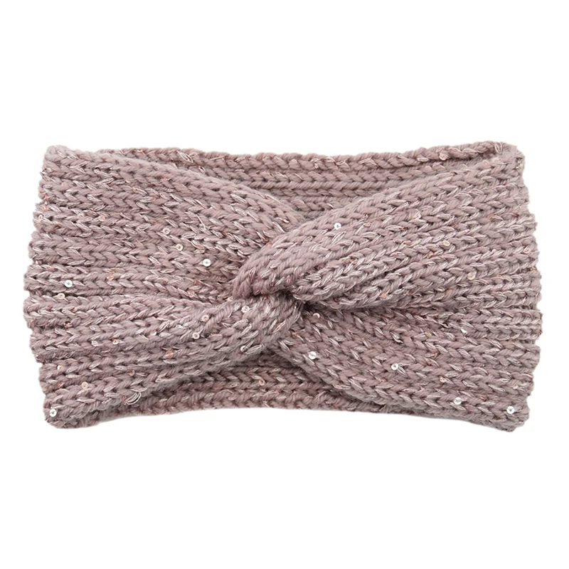 light pink Новинка, модная Женская осенне-зимняя повязка для волос, вязаные аксессуары для волос с блестками, теплые однотонные цветные наушники, набор, повязка на голову, головной убор - Цвет: light pink