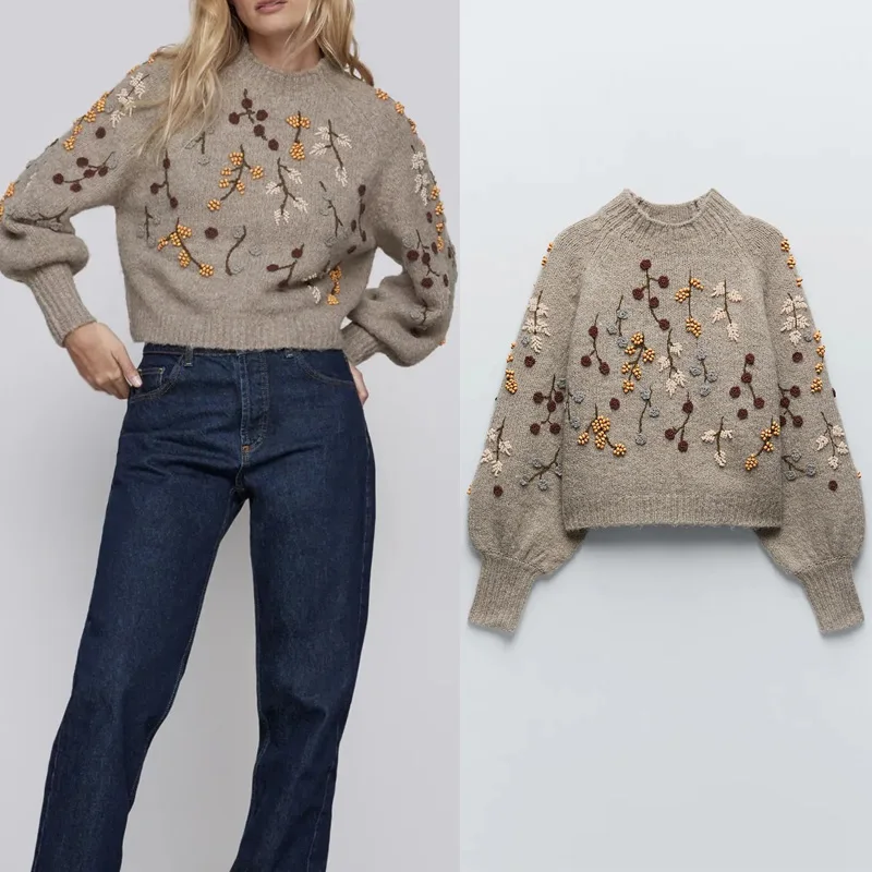 

Sweater Women 2020 Winter Vintage Beaded Embroidery Knit Women Pullover Sweaters Long Sleeve Loose Warm Sweater Chic Tops