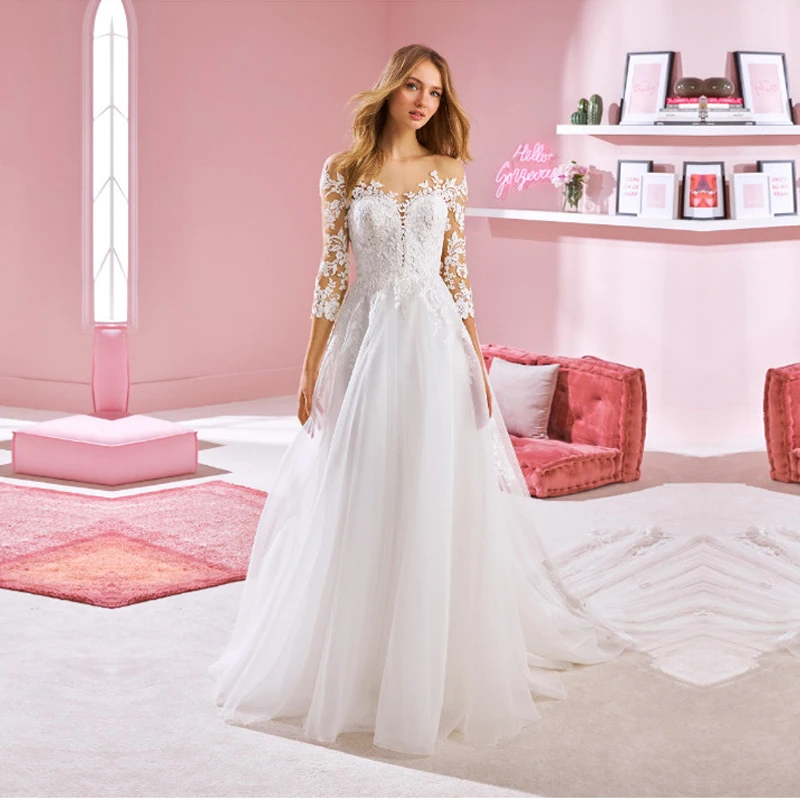 

A Line 3/4 Sleeve Lace Appliques Wedding Dresses Back with Button Boho Tulle Bridal Dresses Custom Made Vestido de noiva