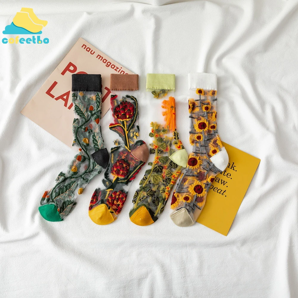 

1 Pair Flower Pattern Silk Thin Long Socks Women Cotton Casual Personality Breathable Soft Girls's Fashion Socks Summer