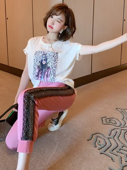 

Printed Patch Diamond-Set Shoulder Sleeve T-shirt + Lace Jogger Pants Suit Women's 2020 Early Autumn