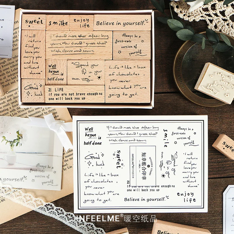 

12 Pcs Vintage English Short Chapter Decoration Stamp Wooden Rubber Stamps for Scrapbooking Stationery DIY Craft Standard Stamp