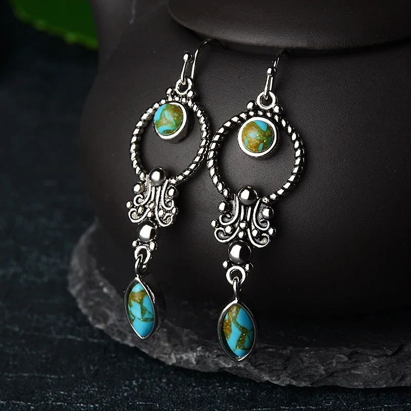 Vintage 925 Silver Turquoise Earrings Pearl Ear Hook Dangle Drop Gift Jewelry