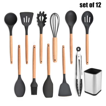 

Silicone Kitchenware Set Nonstick Cooking Shovel Spoon Wooden Handle Cooking Tool Spatula Kitchen Gadgets Utensil Set GQ
