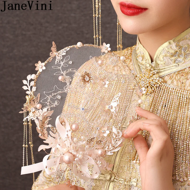 JaneVini 2021 Chinese Style Bridal Fan Wedding Bouquets Crystal Beaded Flowers Butterfly Bride Hand Accessories Tassel Bouquet