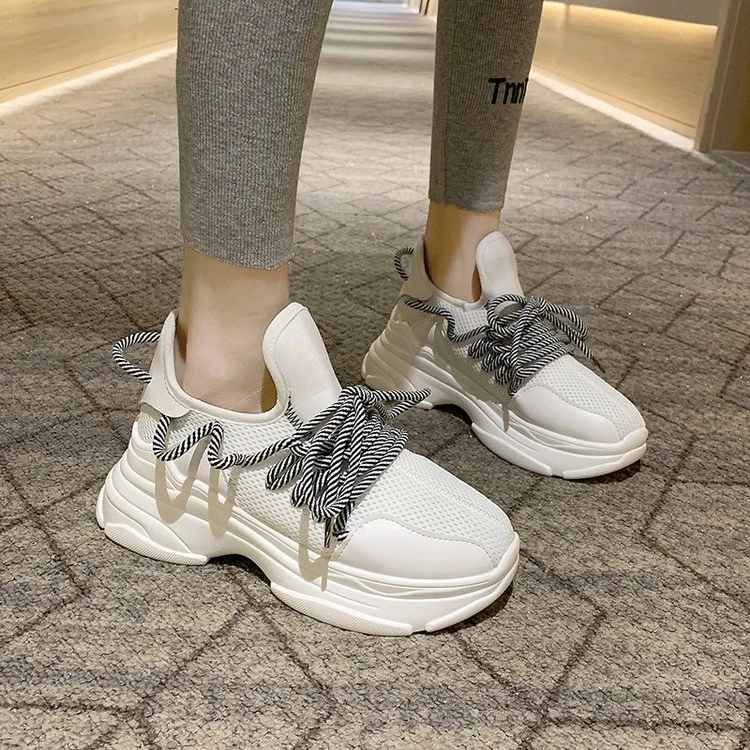 

Sneakers Women Mesh Lace-Up Solid Flat Platform Shallow Stretch Fabric Knited Spring Autumn Wedges Shoes For Women zapatos de