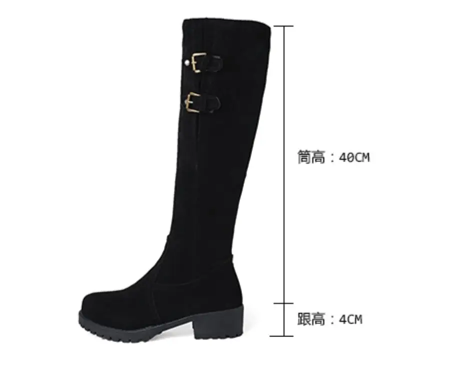 Большие размеры 34-43, обувь женские зимние сапоги до колена сапоги на высоком каблуке с металлической пряжкой плотные Меховые Туфли зимние высокие сапоги женская обувь, m351