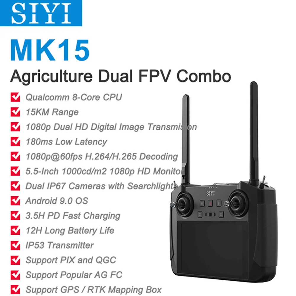 

SIYI MK15 Mini HD Handheld Radio System Transmitter Remote Control 5.5-Inch Monitor 1080p 60fps 180ms FPV 15KM Android OS 8-Core