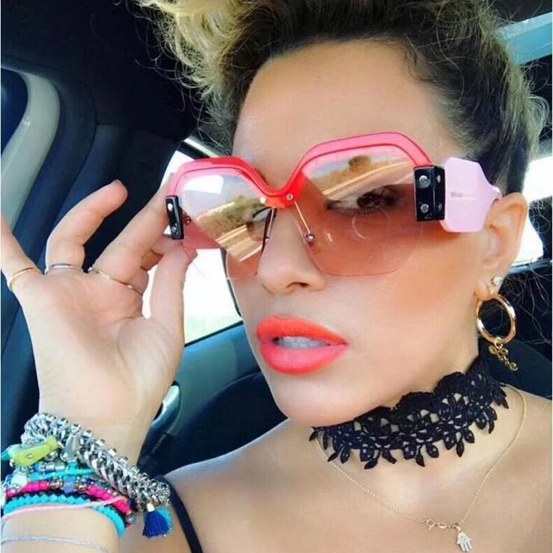 

WIHODA Women Oversized Square Sunglass Vintage Semi-Rimless Coating Colorful Sunglasses Female Sun Glasses oculos de sol S09S