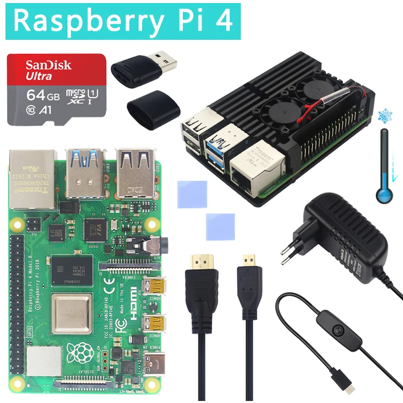 Оригинальный официальный Raspberry Pi 4 Модель B комплект двойной вентилятор Алюминиевый Чехол + 32/64 ГБ sd карта + адаптер питания + кабель HDMI для RPI 4|Демонстрационные стенды| | АлиЭкспресс